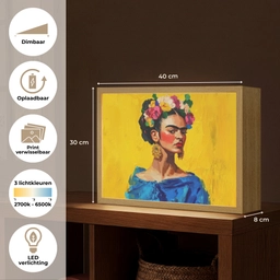Frida Kahlo - Vrouw - Geel - Blauw - Bloemen Light Box met batterij (Wandlamp) middel -USP_websiteoverzichtNL