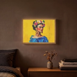 Frida Kahlo - Vrouw - Geel - Blauw - Bloemen Light Box met batterij (Wandlamp) middel -sfeer4