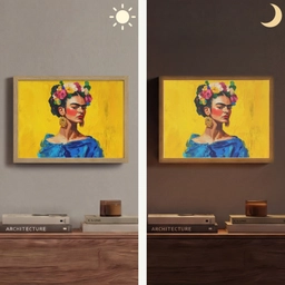 Frida Kahlo - Vrouw - Geel - Blauw - Bloemen Light Box met batterij (Wandlamp) middel -sfeer3