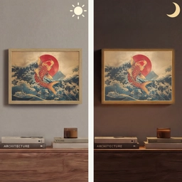 Koi - Zee - Golven - Zon Light Box met batterij (Wandlamp) middel -sfeer3
