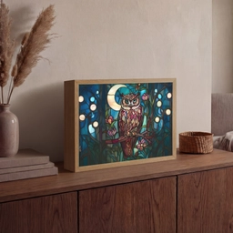 Uil - Mozaïek - Maan - Nacht Light Box met batterij (Wandlamp) middel -sfeer2