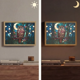 Uil - Mozaïek - Maan - Nacht Light Box met batterij (Wandlamp) middel -sfeer3
