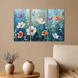 Bloemen - Kleurrijk - Blauw - Natuur Canvas - Meerluiken 3 luik klein -sfeer1