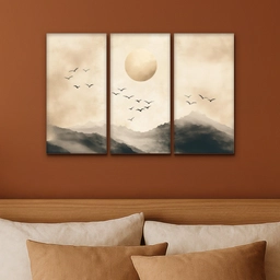 Landschap - Japandi - Beige - Vogels Canvas - Meerluiken 3 luik klein -sfeer2
