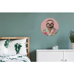 Luiaard - Bloemenprint - Bril - Roze Wandcirkel aluminium klein -slaapkamer