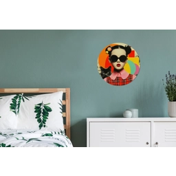 Meisje - Zonnebril - Kat - Retro Wandcirkel aluminium klein -slaapkamer