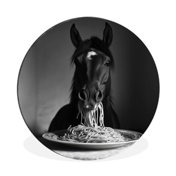 Paard - Bord - Pasta - Tafelkleed - Zwart Wit - Dieren Wandcirkel aluminium klein -3d