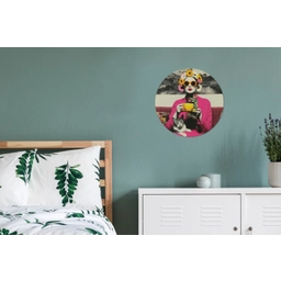 Vrouw - Kat - Bloemen - Kopje - Retro Wandcirkel aluminium klein -slaapkamer