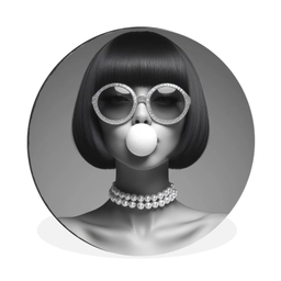 Vrouw - Zwart Wit - Ketting - Zonnebril Wandcirkel aluminium klein -3d