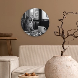 Kat - Koffie - Brood - Zwart Wandcirkel plexiglas klein -sfeer1