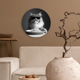 Langharige kat - Zonnebril - Spaghetti - Humor - Zwart - wit Wandcirkel plexiglas klein -sfeer1