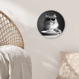 Langharige kat - Zonnebril - Spaghetti - Humor - Zwart - wit Wandcirkel plexiglas klein -sfeer5