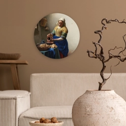 Het melkmeisje - Schilderij van Johannes Vermeer Wandcirkel kunststof plaat 5mm dik klein -sfeer1
