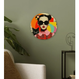 Meisje - Zonnebril - Kat - Retro Wandcirkel kunststof plaat 5mm dik klein -sfeer3