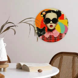Meisje - Zonnebril - Kat - Retro Wandcirkel kunststof plaat 5mm dik klein -sfeer4