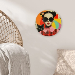 Meisje - Zonnebril - Kat - Retro Wandcirkel kunststof plaat 5mm dik klein -sfeer5