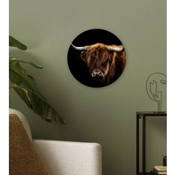 Schotse Hooglander - Horens - Zwart - Dieren - Natuur - Wild - Koe Wandcirkel kunststof plaat 5mm dik klein -sfeer3