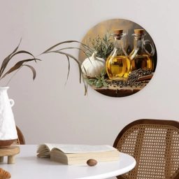 Stilleven - Olijfolie - Knoflook - Kruiden Wandcirkel kunststof plaat 5mm dik klein -sfeer4