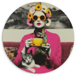 Vrouw - Kat - Bloemen - Kopje - Retro Wandcirkel kunststof plaat 5mm dik klein -3d
