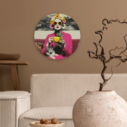 Vrouw - Kat - Bloemen - Kopje - Retro Wandcirkel kunststof plaat 5mm dik klein -sfeer1