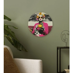 Vrouw - Kat - Bloemen - Kopje - Retro Wandcirkel kunststof plaat 5mm dik klein -sfeer3