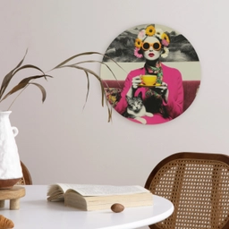 Vrouw - Kat - Bloemen - Kopje - Retro Wandcirkel kunststof plaat 5mm dik klein -sfeer4