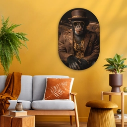 Chimpansee - Stoel - Pak - Bruin Wandcirkel Ovaal Glas middel -sfeer4