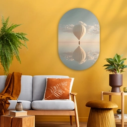 Luchtballon - Wolken - Water - Blauw Wandcirkel Ovaal Glas middel -sfeer4