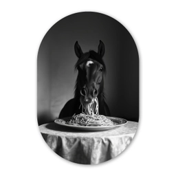 Paard - Bord - Pasta - Tafelkleed - Zwart Wit - Dieren Wandcirkel Ovaal Glas middel -3d