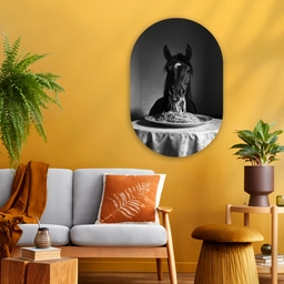 Paard - Bord - Pasta - Tafelkleed - Zwart Wit - Dieren Wandcirkel Ovaal Glas middel -sfeer4