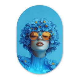 Vrouw - Bloem - Blauw - Modern - Bril - Portret Wandcirkel Ovaal Glas middel -3d