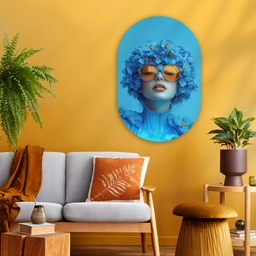 Vrouw - Bloem - Blauw - Modern - Bril - Portret Wandcirkel Ovaal Glas middel -sfeer4