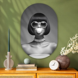 Vrouw - Zwart Wit - Ketting - Zonnebril Wandcirkel Ovaal Glas middel -sfeer2