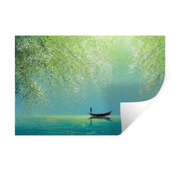 Bootje - Water - Bladeren - Bloesems Muursticker klein -3d