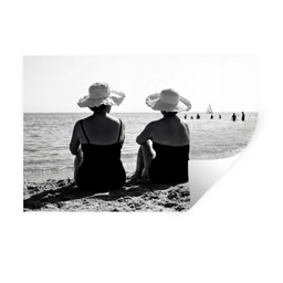 Vrouwen - Zonnehoed - Strand - Zwart - Wit Muursticker klein -3d