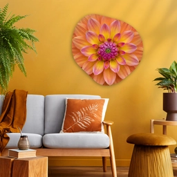 Dahlia - Bloem - Oranje Wandcirkel Organisch Aluminium middel -sfeer4