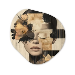 Gezicht - Bloemen - Zwart - Vrouw Wandcirkel Organisch Aluminium middel -3d