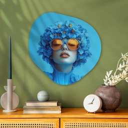 Vrouw - Bloem - Blauw - Modern - Bril - Portret Wandcirkel Organisch Aluminium middel -sfeer2