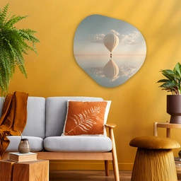 Luchtballon - Wolken - Water - Blauw Wandcirkel Organisch Plexiglas middel -sfeer4