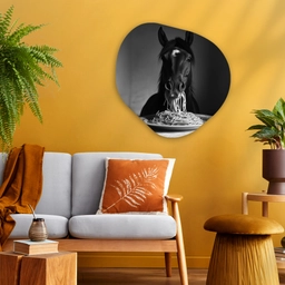 Paard - Bord - Pasta - Tafelkleed - Zwart Wit - Dieren Wandcirkel Organisch Plexiglas middel -sfeer4
