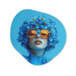 Vrouw - Bloem - Blauw - Modern - Bril - Portret Wandcirkel Organisch Plexiglas middel -3d