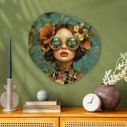Vrouw - Bloemen - Vlinders - Natuur - Vintage Wandcirkel Organisch Plexiglas middel -sfeer2