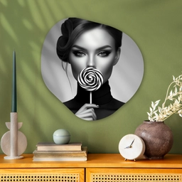 Vrouw - Lolly - Zwart Wandcirkel Organisch Plexiglas middel -sfeer2