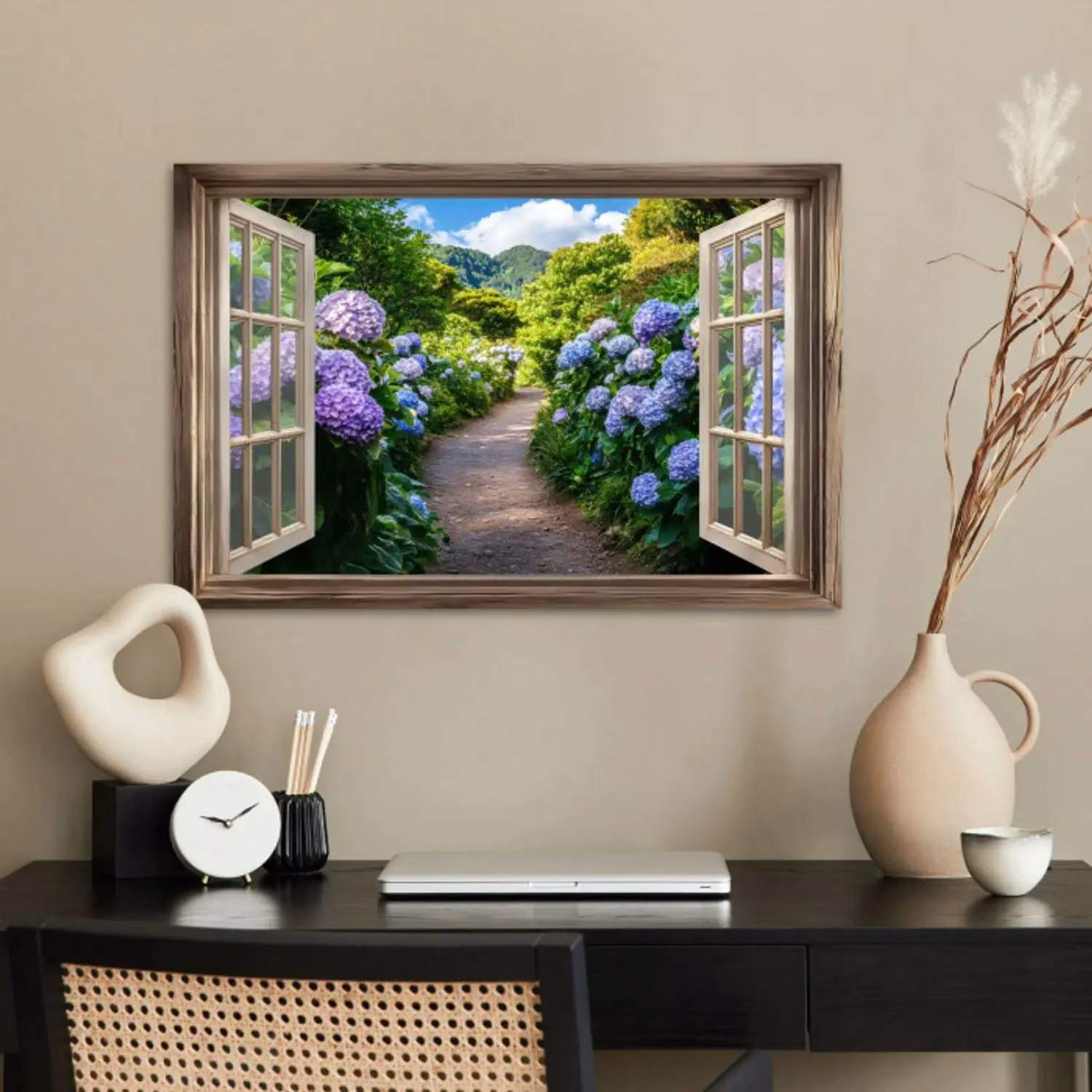 Doorkijk - Hortensia - Pad - Natuur poster papier klein -sfeer2