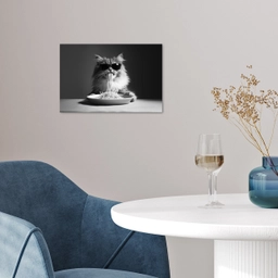 Langharige kat - Zonnebril - Spaghetti - Humor - Zwart - wit poster papier klein -sfeer3
