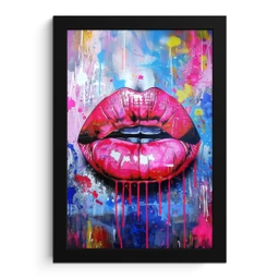 Graffiti - Lippen - Felroze - Geschilderd fotolijst zwart zonder passe partout klein -3d