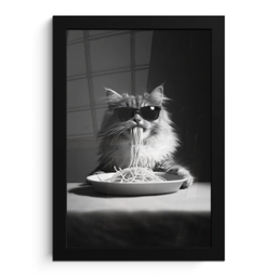 Langharige kat - Zonnebril - Spaghetti - Humor - Zwart - wit fotolijst zwart zonder passe partout klein -3d