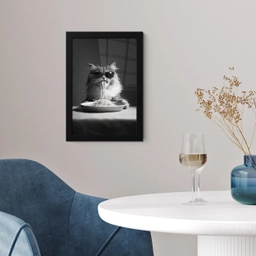 Langharige kat - Zonnebril - Spaghetti - Humor - Zwart - wit fotolijst zwart zonder passe partout klein -sfeer4