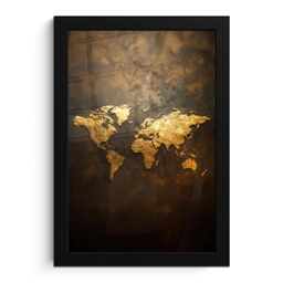 Wereldkaart - Goud - Roest fotolijst zwart zonder passe partout klein -3d