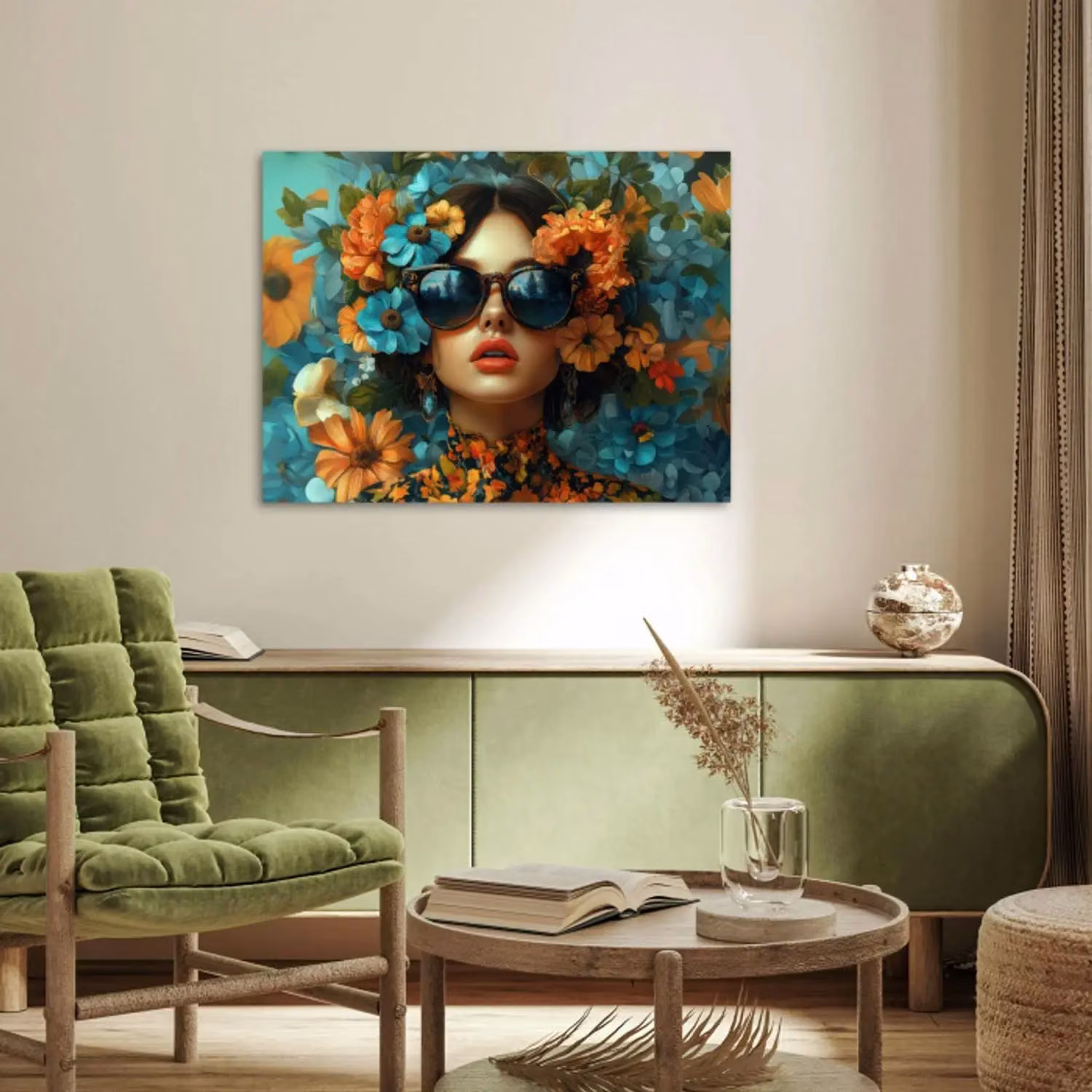 Vrouw - Bloemen - Oranje - Blauw - Modern poster papier klein -sfeer1